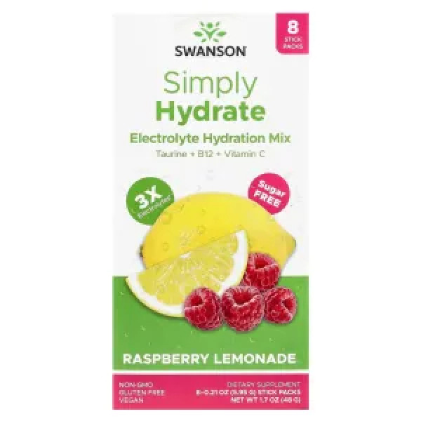 Електролітна суміш для гідратації, Electrolyte Hydration Mix, Swanson, без цукру, малиновий лимонад, 8 пакетиків по 5,95 г