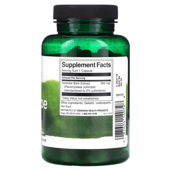 Йохімбе, Yohimbe, Swanson, стандартизований, 500 мг, 120 капсул