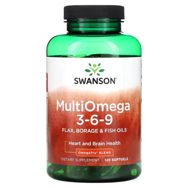 Омега 3-6-9, MultiOmega 3-6-9, Swanson, масло льону, бораго і риби, 2400 мг, 120 гелевих капсул