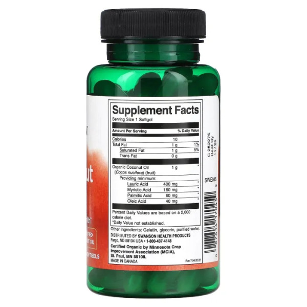 Кокосова олія, Coconut Oil, Swanson, 1000 мг, 60 гелевих капсул
