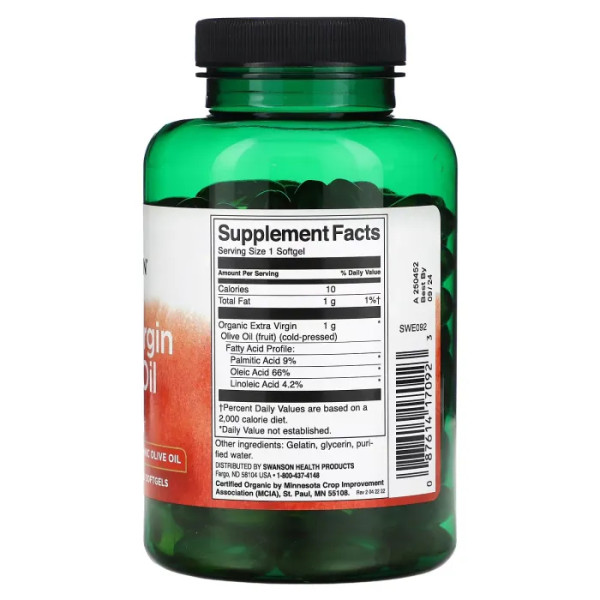 Оливкова олія, Extra Virgin Olive Oil, Swanson, холодного віджиму, 120 капсул