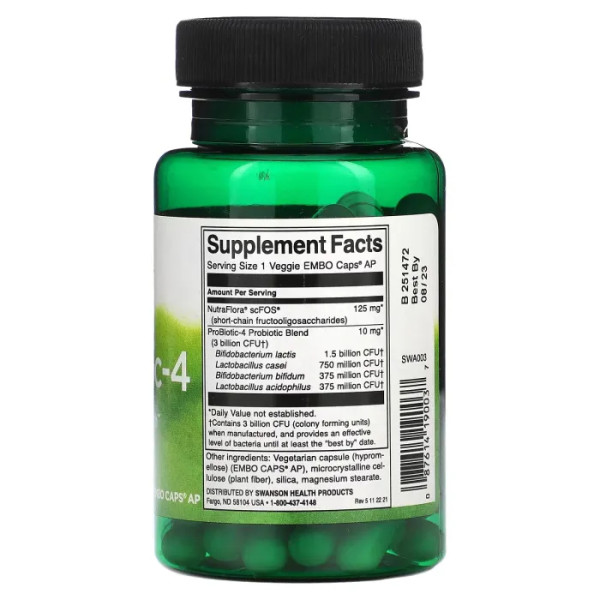 Пробіотик, ProBiotic-4, Swanson, 3 млрд КУО, 60 рослинних капсул для ембо