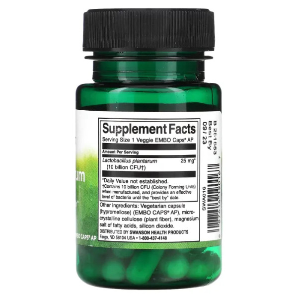 Пробіотики (ацидофільні лактобактерії), L. Plantarum Probiotic, Swanson, 10 млрд КУО, 30 вегетаріанських капсул з ЕМБО