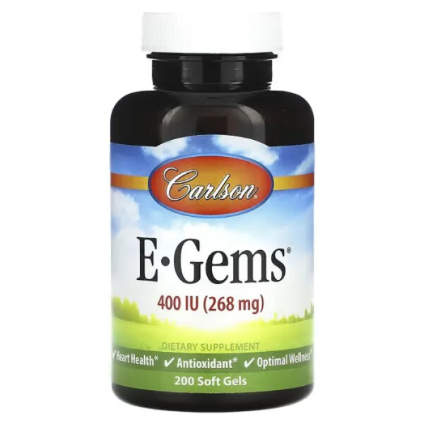 Вітамін Е, E-Gems, Carlson, 400 МО (268 мг), 200 гелевих капсул