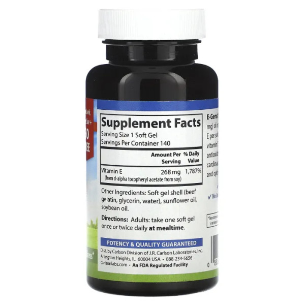 Витамин Е, E-Gems, Carlson, 268 мг (400 МЕ), 140 гелевых капсул