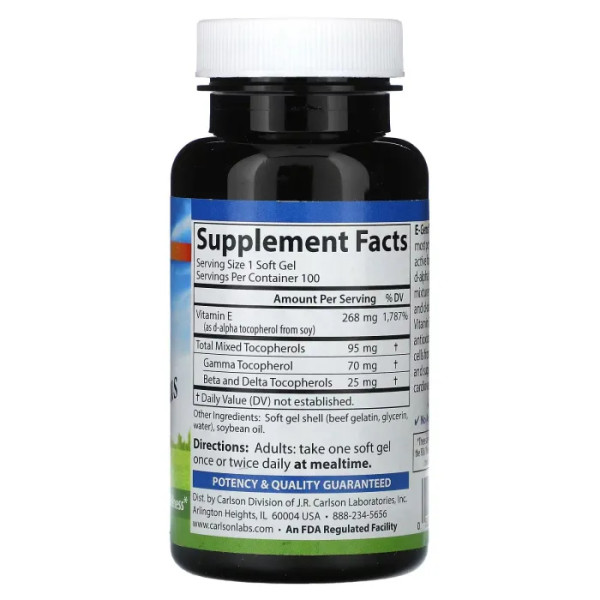 Вітамін Е, E-Gems Plus, Carlson, 268 mg, 100 капсул