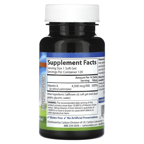 Вітамін А, Vitamin A, Carlson, 4500 мкг RAE (15 000 МО), 120 гелевих капсул