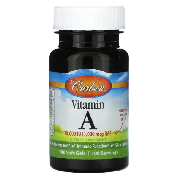 Вітамін А, Vitamin A, Carlson, 3000 мкг RAE (10000 МО), 100 гелевих капсул