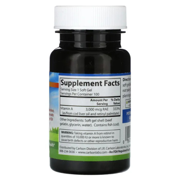 Вітамін А, Vitamin A, Carlson, 3000 мкг RAE (10000 МО), 100 гелевих капсул