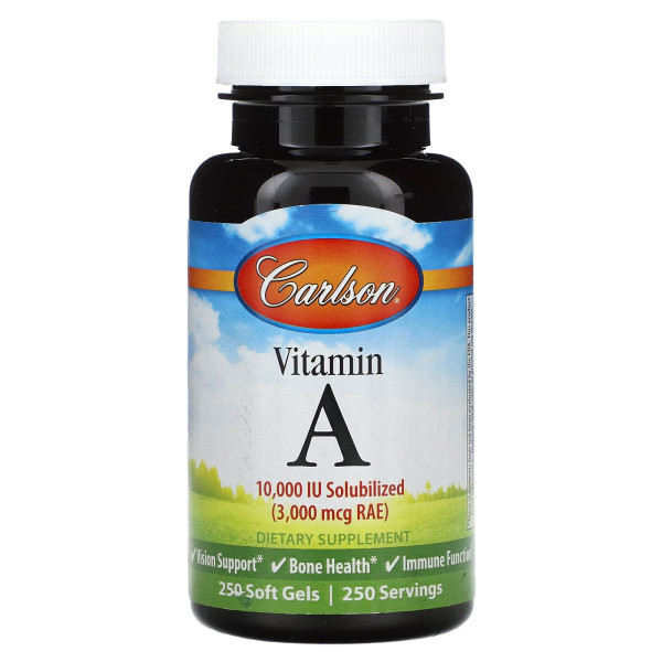 Вітамін А, Vitamin A, Carlson, 3000 мкг RAE (10000 МО), 250 гелевих капсул