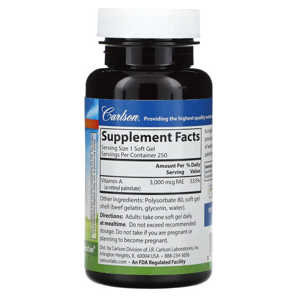 Вітамін А, Vitamin A, Carlson, 3000 мкг RAE (10000 МО), 250 гелевих капсул