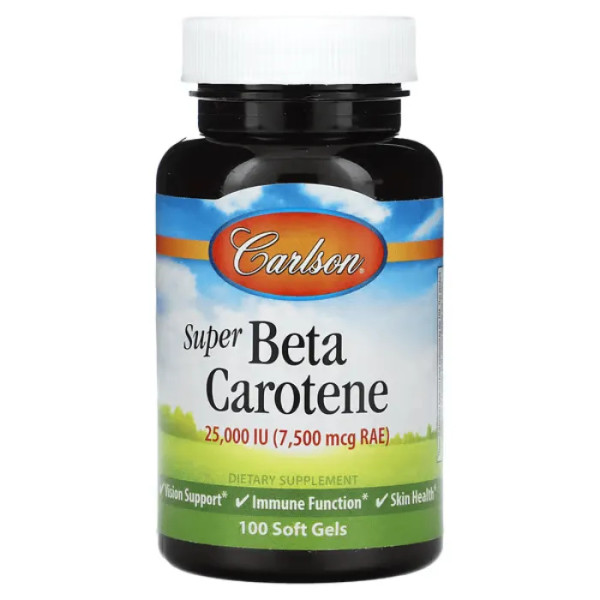 Бета каротин, Super Beta Carotene, Carlson, 25,000 ME (7,500 мкг RAE), 100 гелевих капсул