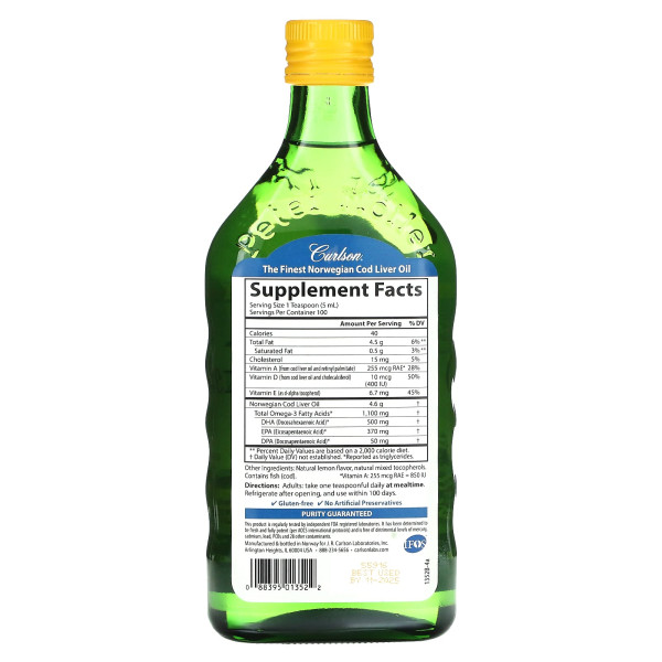 Риб'ячий жир з печінки тріски, Cod Liver Oil, Carlson, лимон, норвезький, 500 мл