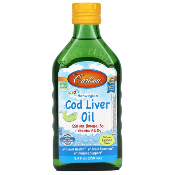 Рыбий жир норвежский из печени трески для детей, Cod Liver Oil, Carlson, лимон, 250 мл
