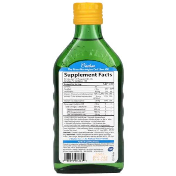 Рыбий жир норвежский из печени трески для детей, Cod Liver Oil, Carlson, лимон, 250 мл