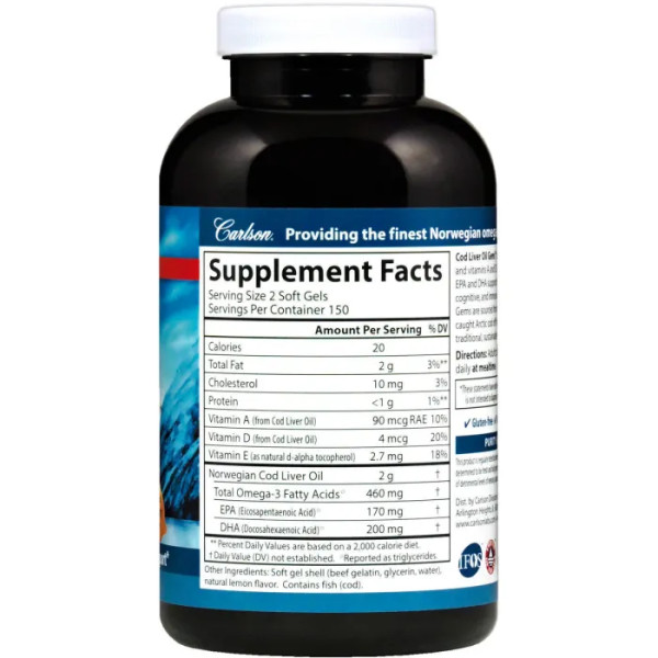 Риб'ячий жир з печінки тріски, Cod Liver Oil, Carlson, норвезький, лимон, 300 капсул