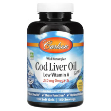 Риб'ячий жир з печінки тріски, Carlson Cod Liver Oil, лимон, з низьким вмістом вітаміну А, норвезький, 230 мг, 150 капсул