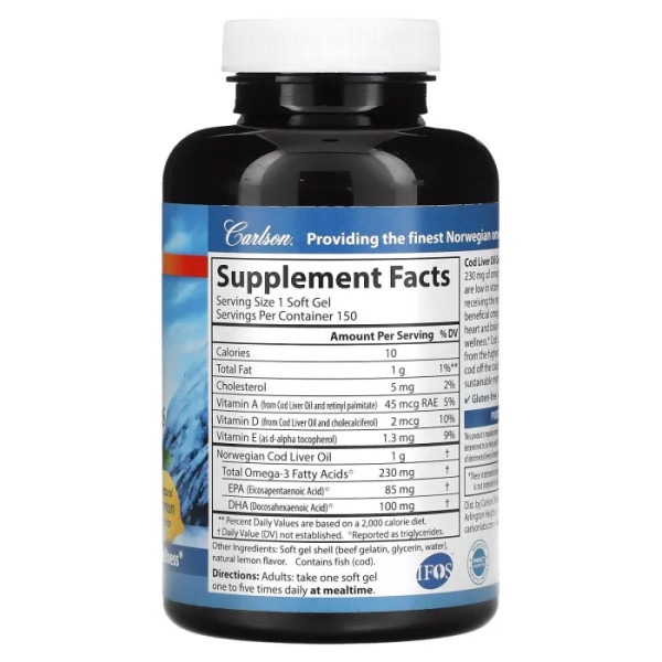 Риб'ячий жир з печінки тріски, Cod Liver Oil, Carlson, лимон, з низьким вмістом вітаміну А, норвезький, 230 мг, 150 капсул