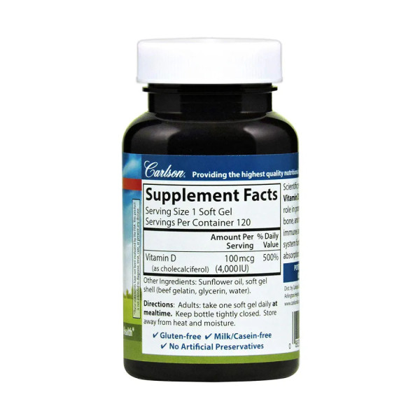 Вітамін D-3, Vitamin D3, Carlson, 100 мкг (4000 МО), 120 гелевих капсул