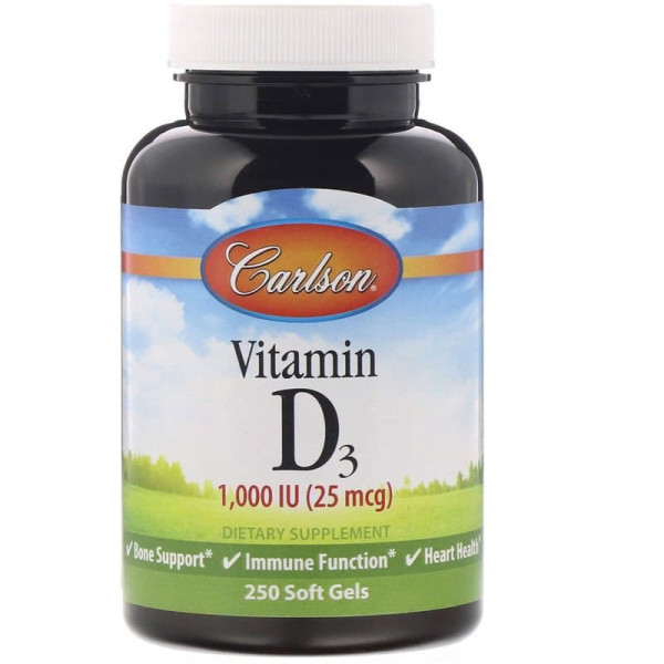 Вітамін D3, Vitamin D3, Carlson, 1000 МО (25 мкг), 250 гелевих капсул