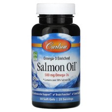 Олія лосося омега-3 250 мг, Carlson Omega-3 Enriched Salmon Oil, 50 гелевих капсул