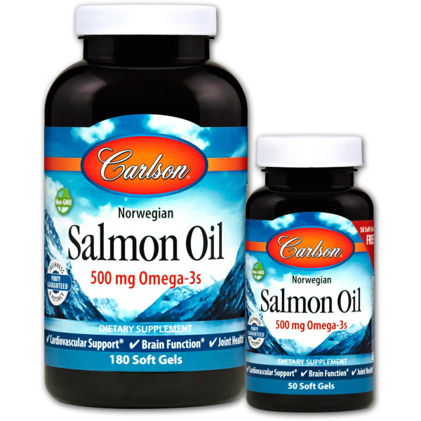 Масло лосося, Salmon Oil, Carlson, норвезьке, 500 мг, 180 +50 капсул