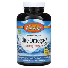 Омега-3 риб'ячий жир 1600 мг, натуральний лимон, норвезький, Carlson Elite Omega-3 Gems, 90 гелевих капсул (800 мг на капсулу)