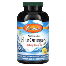 Омега-3 1600 мг, смак лимона, Carlson Elite Omega-3, 240 гелевих капсул (800 мг на 1 капсулі)