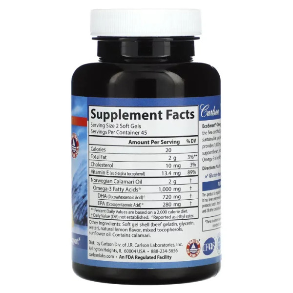 Норвезький риб'ячий жир з лимонним смаком, Wild Norwegian EcoSmart Omega-3, Carlson, 500 мг, 90 капсул