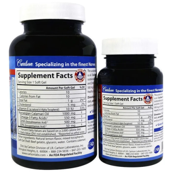 Докозагексаєнова кислота (ДГК), EcoSmart DHA, Carlson, смак лимона, 500 мг, 60 гелевих капсул + 20 капсул безкоштовно