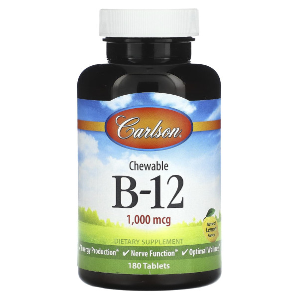 Вітамін В12, Vitamin B-12, Carlson, натуральний лимон, 1000 мкг, 180 жувальних таблеток