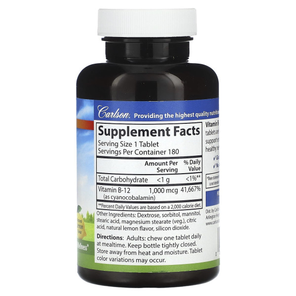 Вітамін В12, Vitamin B-12, Carlson, натуральний лимон, 1000 мкг, 180 жувальних таблеток