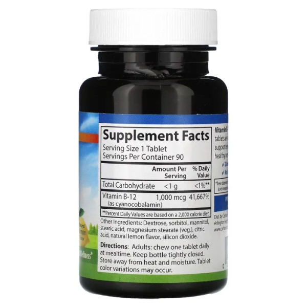 Вітамін В12, Vitamin B-12, Carlson, натуральний лимон, 1000 мкг, 90 жувальних таблеток