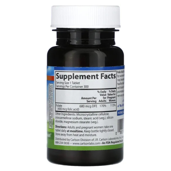Фолієва кислота, Folic Acid, Carlson, 400 мкг, 300 вегетаріанських таблеток