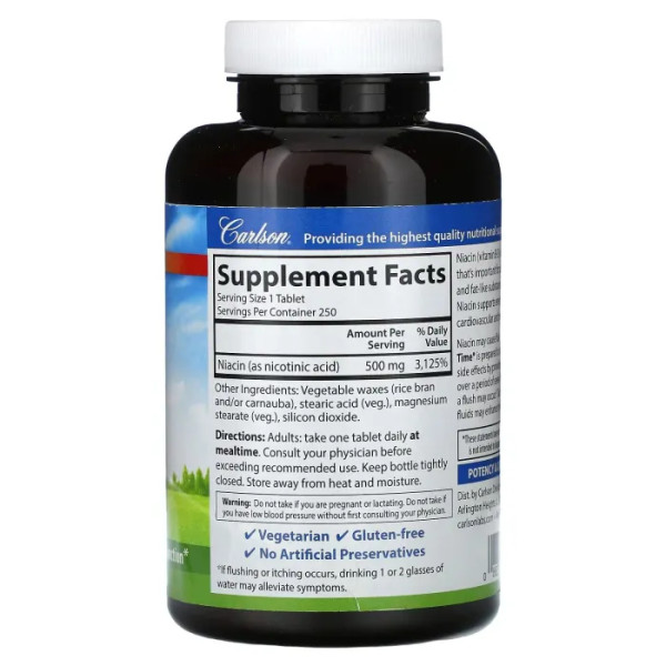 Ніацин-тайм (Вітамін В3), Niacin-Time, Carlson, 500 мг, 250 вегетаріанських таблеток