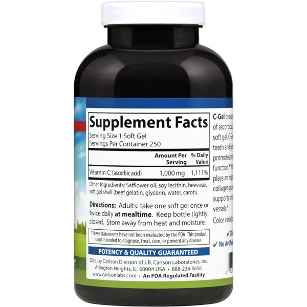 Вітамін С (аскорбінова кислота), C-Gel, Carlson, 1000 мг, 250 гелевих капсул
