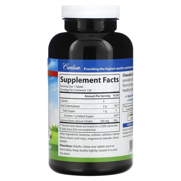 Кальцій цитрат, Chewable Calcium Citrate, Carlson, ваніль, 250 мг, 120 жувальних таблеток