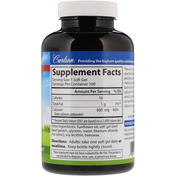 Кальцій, Liquid Filled Cal, Carlson, 600 мг, 100 капсул