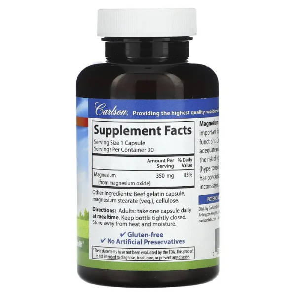 Магній, Magnesium, Carlson, 350 мг, 90 капсул