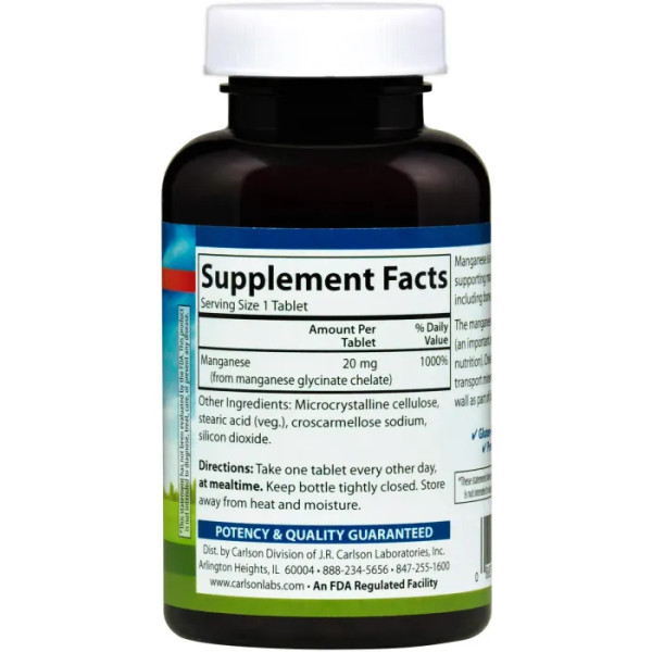 Хелат марганцю, Chelated Manganese, Carlson, 250 таблеток