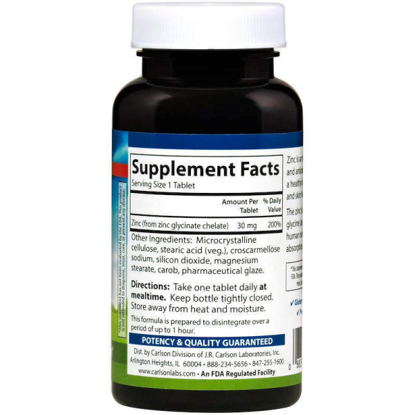 Цинк хелатний, Chelated Zinc, Carlson, 250 таблеток