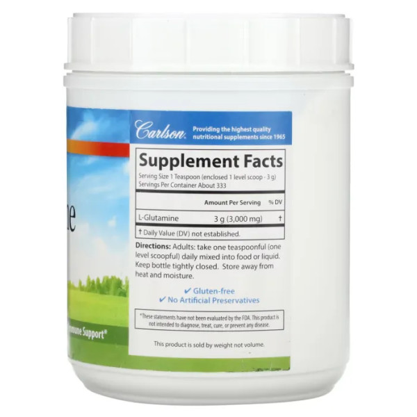 L-глутамін, L-Glutamine, Carlson, порошок, 1000 г