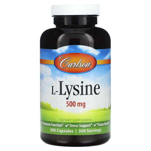 Лізин, L-Lysine, Carlson, 500 мг, 300 капсул