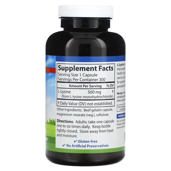 Лізин, L-Lysine, Carlson, 500 мг, 300 капсул