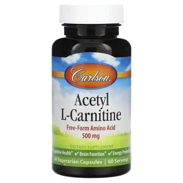 Ацетил карнітин, Acetyl-L-Carnitine, Carlson, 500 мг, 60 вегетаріанських капсул