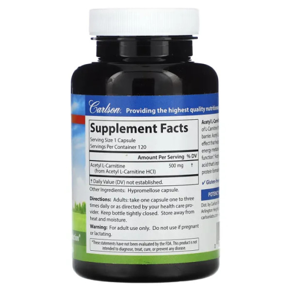 Ацетил карнітин, Acetyl-L-Carnitine, Carlson, 500 мг, 120 вегетаріанських капсул