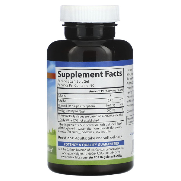 Коензим Q10, CoQ10, Carlson, 200 мг, 90 гелевих капсул
