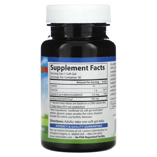 Коензим Q10, CoQ10, Carlson, 300 мг, 30 гелевих капсул