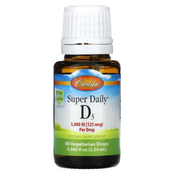 Вітамін D3, Vitamin D3, Carlson, 5000 МО, 90 крапель вегетаріанських, 2,54 мл.