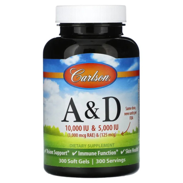 Вітаміни А та D, Vitamin A & D, Carlson, 300 гелевих капсул